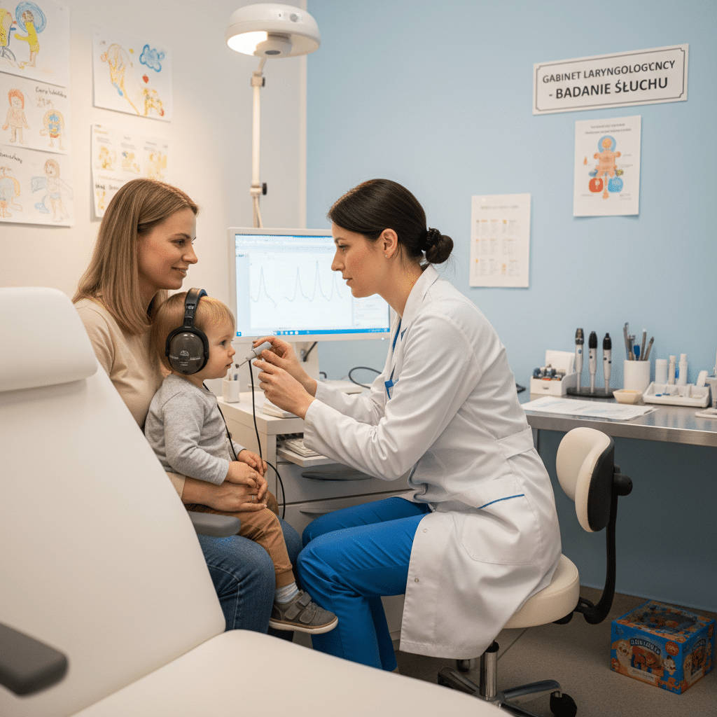 Laryngolog w gabinecie bada słuch u małego chłopca siedzącego na kolanach matki.